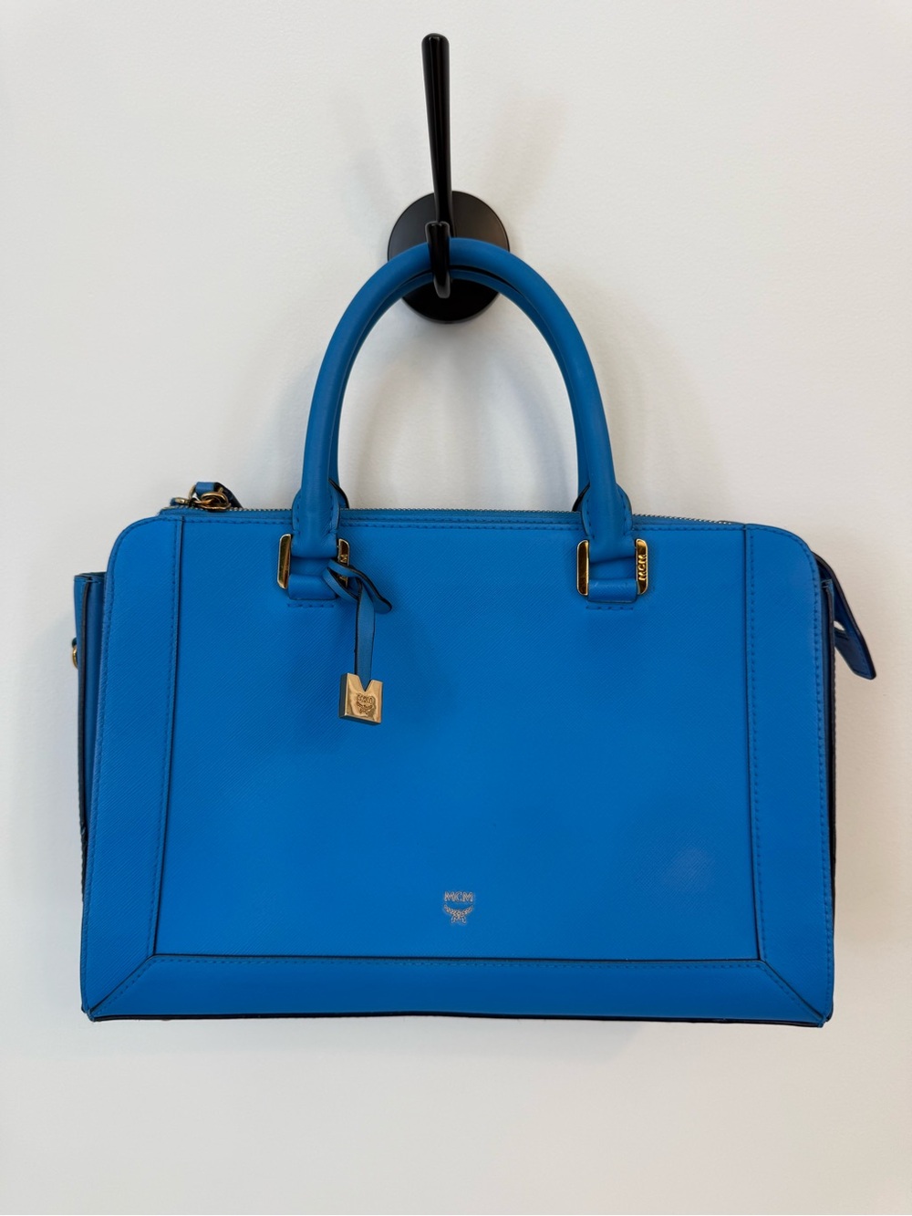 MCM Electric Blue Structured Satchel with Gold Hardware